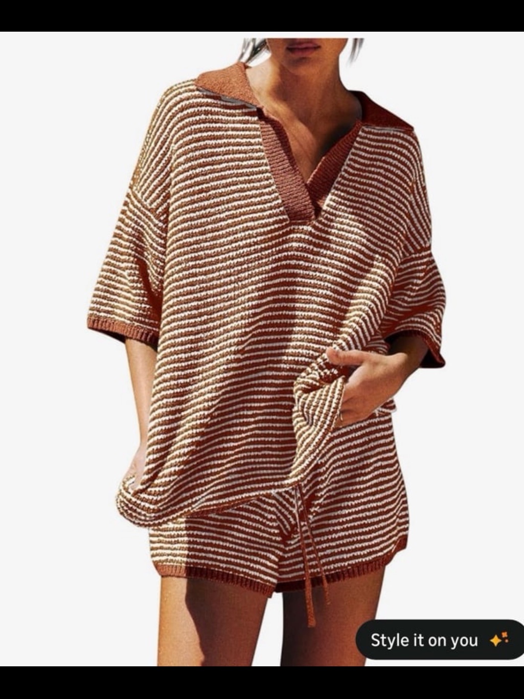 Striped Knit Two-Piece Lounge Set - Brown & Cream